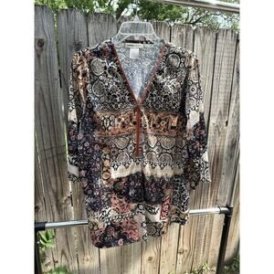 Urban Mango Boho Tunic Top Women’s Medium Patchwork Print Zip Front